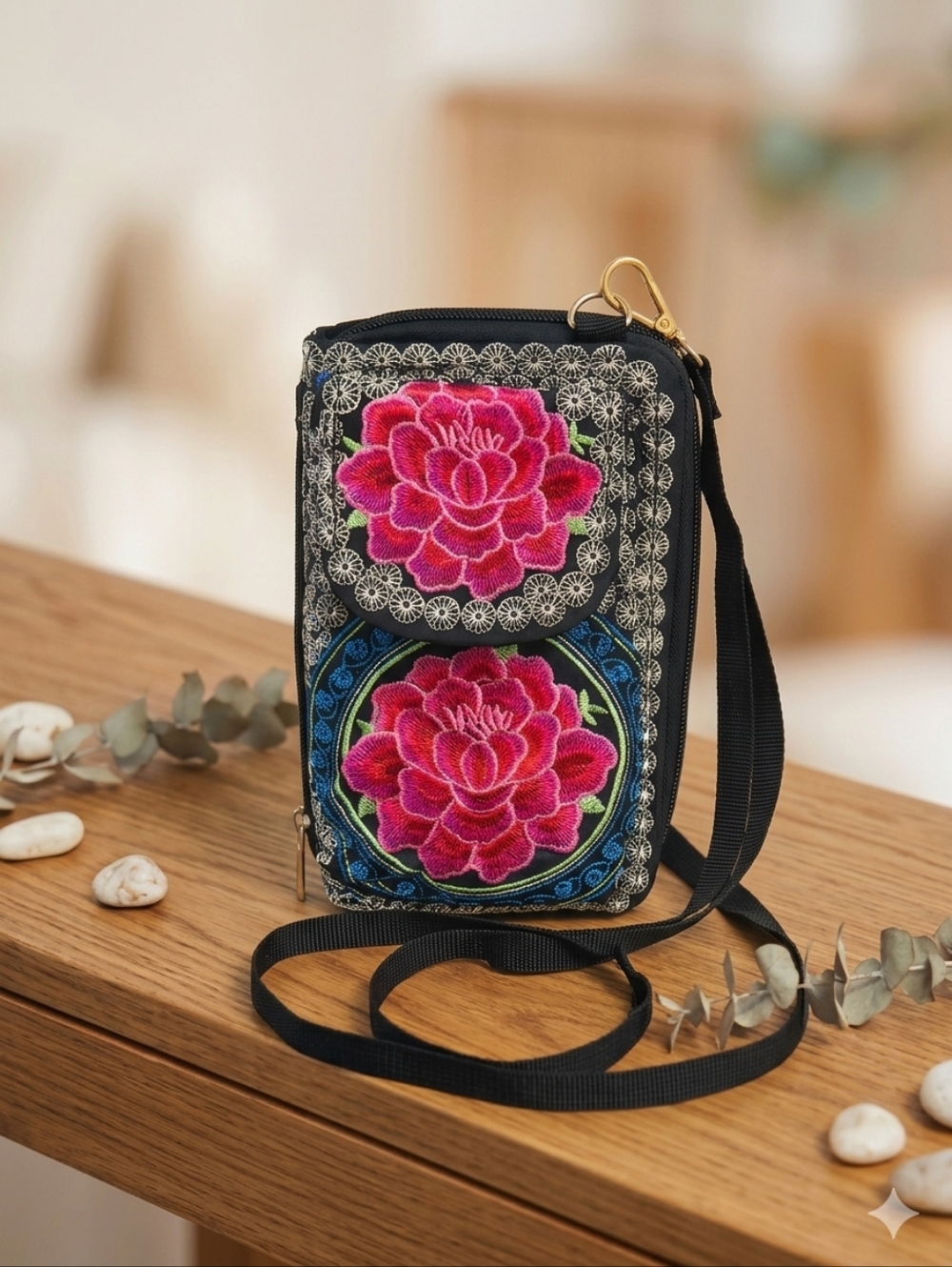 Stunning Boho Embroidered Floral Crossbody Cell Phone Wallet Bag